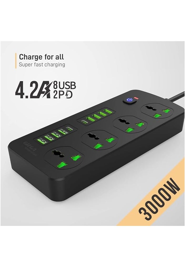 Gizga Essentials Power Extension Board 8 USB 4.2A Ports, 2 PD 20W Ports, 4 Universal Thermal Trip Electrical Multi Plug Sockets, Surge Protection, Spike Guard, 3000W 16A, Flame Proof, 2m Cord Length - Image 2