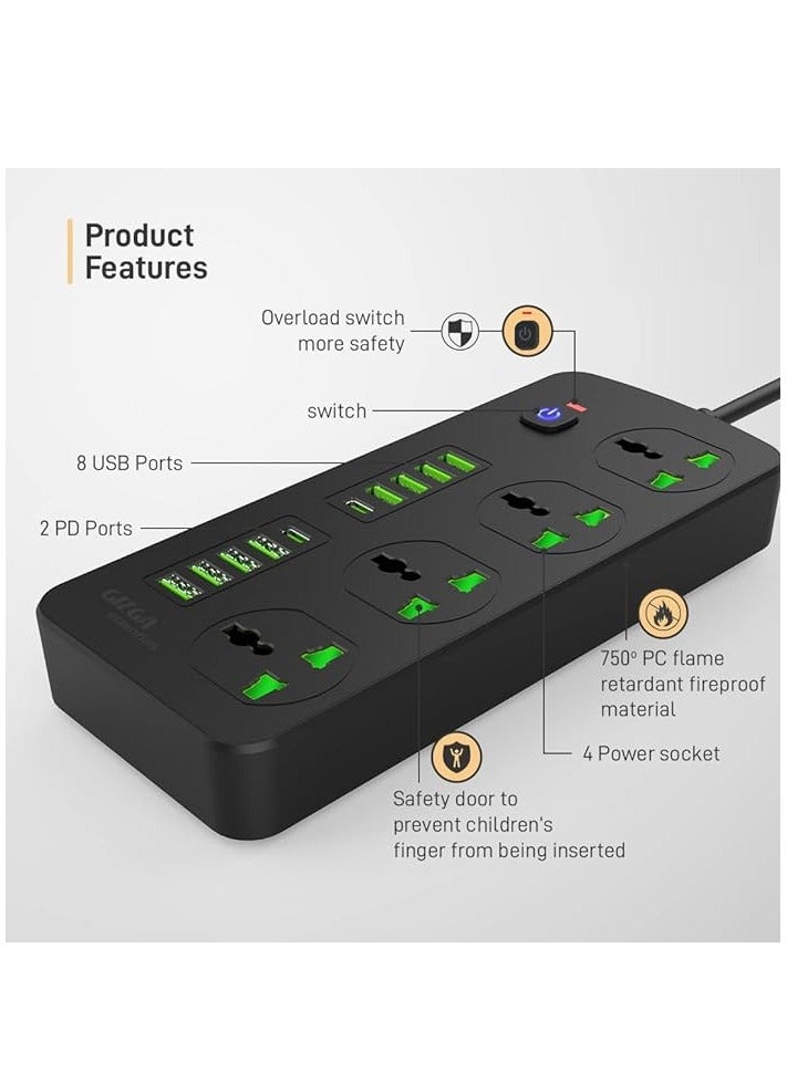 Gizga Essentials Power Extension Board 8 USB 4.2A Ports, 2 PD 20W Ports, 4 Universal Thermal Trip Electrical Multi Plug Sockets, Surge Protection, Spike Guard, 3000W 16A, Flame Proof, 2m Cord Length - Image 4