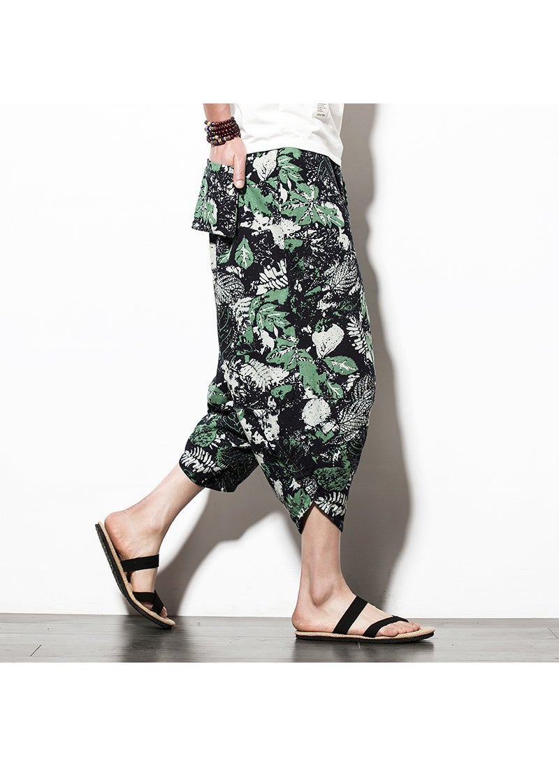Generic - Summer Japanese Plus Size Mens Ethnic Print Linen Capris Green color 3 - Image 1