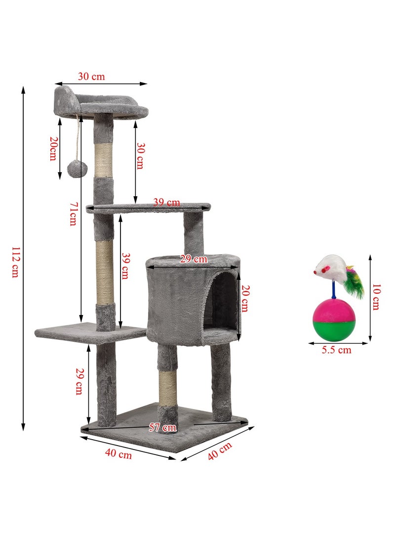 MAJIBAO - Multi-layer cat tree with Mice balance swing tumbler ball, Interactive toy ball, Indoor cat tree tower with Soft fabric condo, Top perch, and Sisal scratch post, Cat activity tower 112 cm (Grey) - Image 1