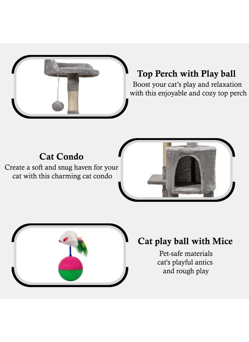 MAJIBAO - Multi-layer cat tree with Mice balance swing tumbler ball, Interactive toy ball, Indoor cat tree tower with Soft fabric condo, Top perch, and Sisal scratch post, Cat activity tower 112 cm (Grey) - Image 1