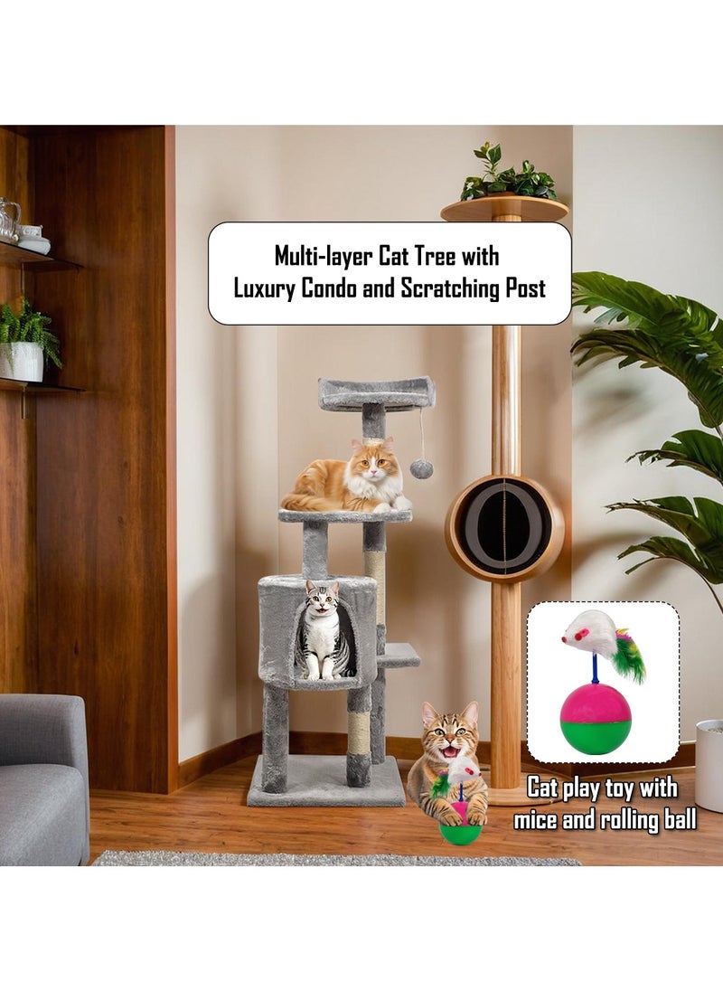 MAJIBAO - Multi-layer cat tree with Mice balance swing tumbler ball, Interactive toy ball, Indoor cat tree tower with Soft fabric condo, Top perch, and Sisal scratch post, Cat activity tower 112 cm (Grey) - Image 1
