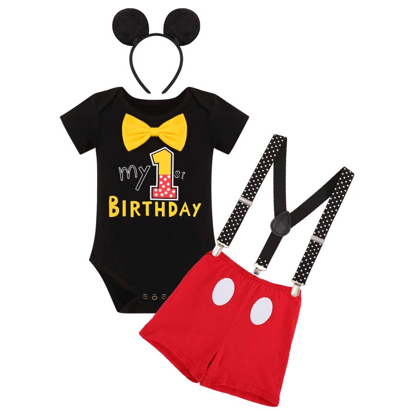 Mouse First Birthday Cake Smash Photo Props Outfit for Baby Boys Romper Suspenders Shorts Bloomers Headband Mouse Party Gentleman Suits Black 1st Birthday 1218 Months