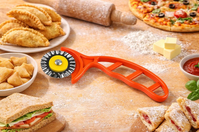 GS KITCHENWARE GS Multipurpose Karanji, Shankarpali, Pizza, Pastry & Sandwich Cutter | Fluted Wheel Roller with Plastic Handle | 5.5 cm Sharp Edge Set of 2. - Image 4