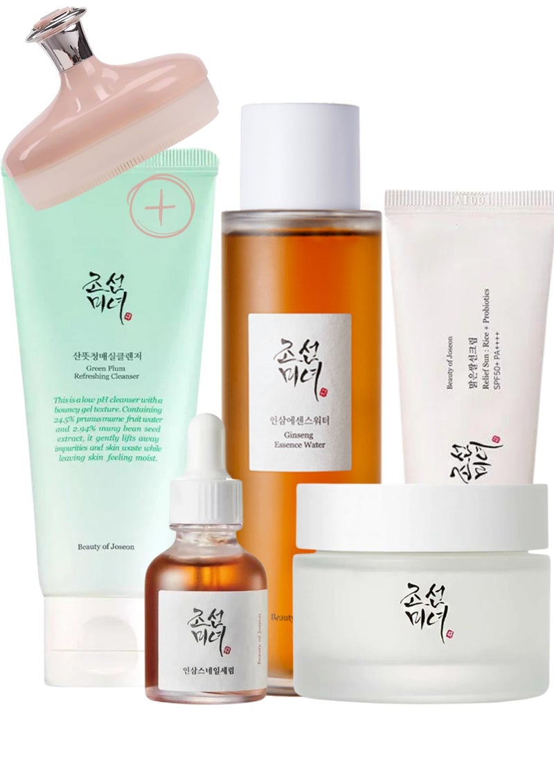 Beauty of Joseon Serenity Collection For Radiant Skin  & face scrubber - Green Plum Cleansing - Foam Ginseng Essence Water - Revive Serum Ginseng - Dynasty Cream - & Sunscreen Rice Probiotics SPF50+ PA++++ 360ml - Image 1