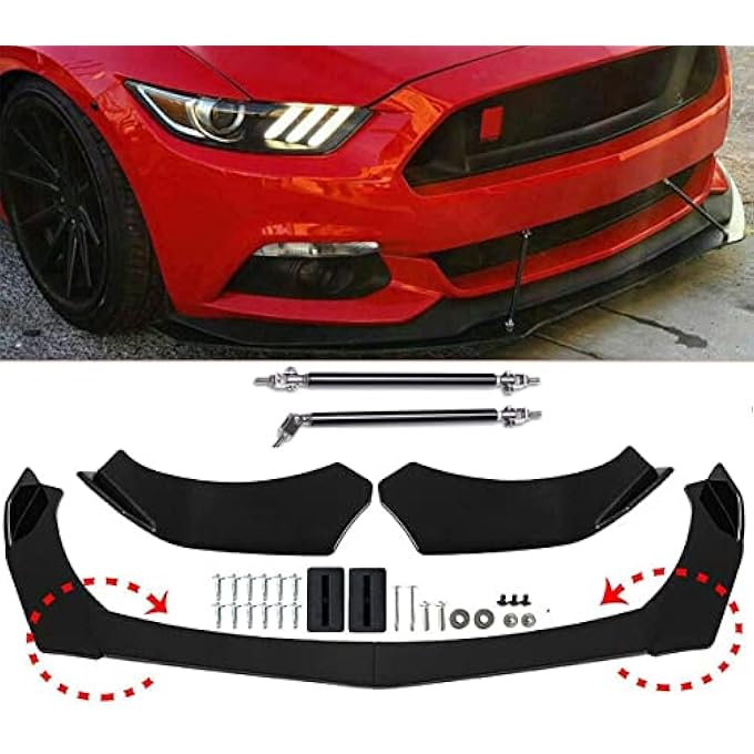 Aokzeeo Universal Front Bumper Lip Chin Spoiler PP Front Bumper Lip Sopiler Wing Body with Adjustable 8"-11" Support Splitter Rod - Image 1