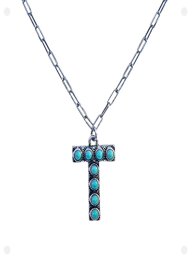 Wonderent Western Boho Turquoise Letter A-Z Pendant Initial Necklace (T) - Image 1