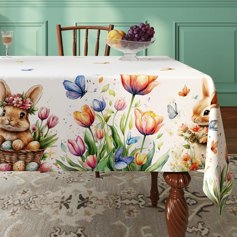 Esmorah Easter Tablecloth Rectangle 60x84 Inch, Spring Blooming Floral Eggs Watercolor Rectangle Table Cloth, Polyester and Washable Table Cover for Party Picnic Dinner Decor - Image 1