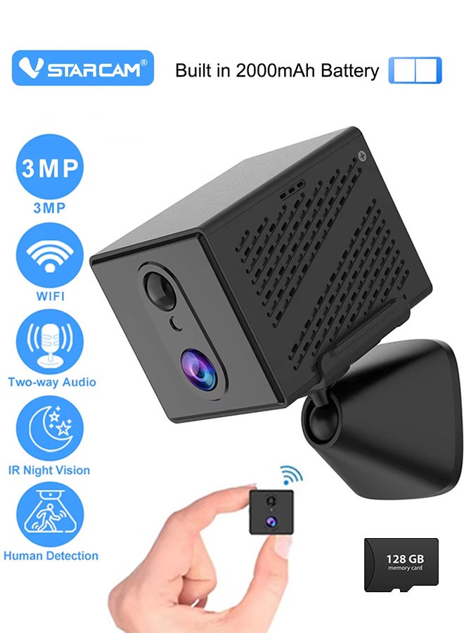 3MP with 128 TF Card Mini Camera Human Detection WiFi Camera Built-In 2000mAh Battery Security Surveillance Camcorder Video Recorder