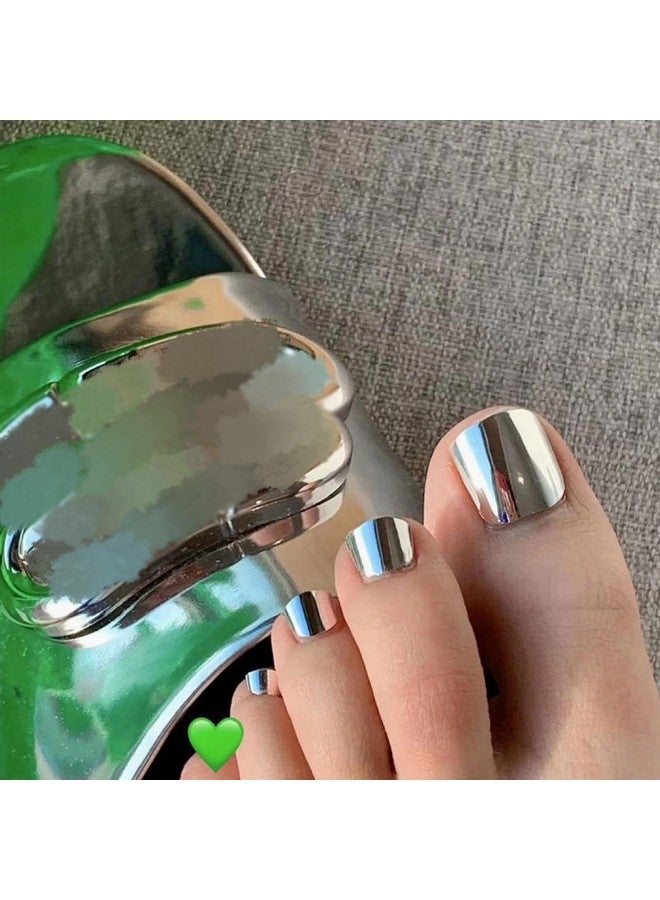 Chrome Press On Toenails Glossy Fake Toe Nails Glue On Toenails Flash Acrylic Toe Fake Nails Metallic Silver Stick On False Toenails With Design Full Cover Press-On Toenails For Women 24Pcs