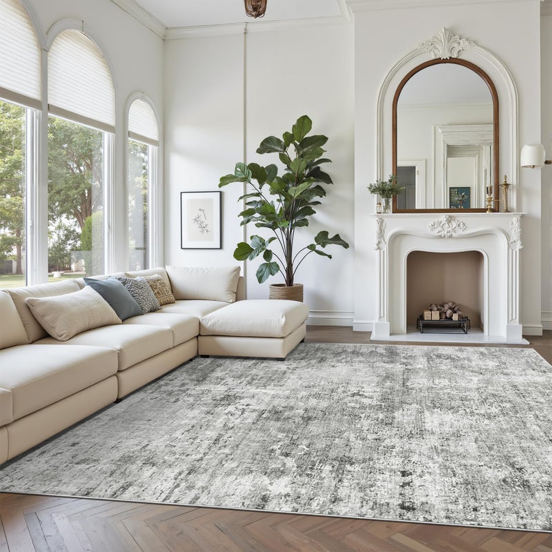 Soalmost Abstract Rug 8x10 Large Living Room Rugs Neutral Modern Washable Area Rugs for Bedroom Dining Room Non-Slip Stain Resistant Foldable Thin Rug Gray White - Image 2