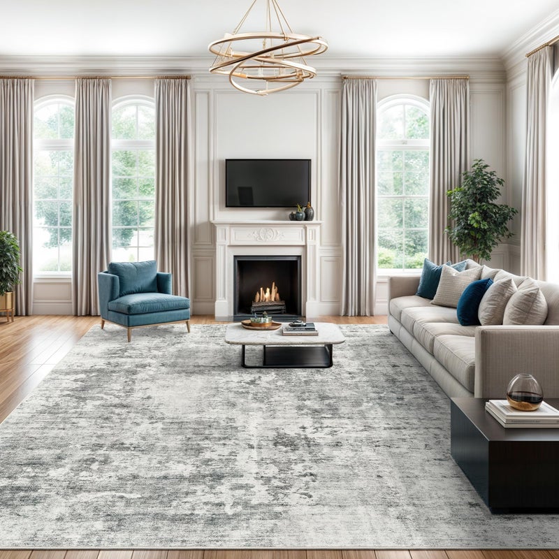 Soalmost Abstract Rug 8x10 Large Living Room Rugs Neutral Modern Washable Area Rugs for Bedroom Dining Room Non-Slip Stain Resistant Foldable Thin Rug Gray White - Image 1