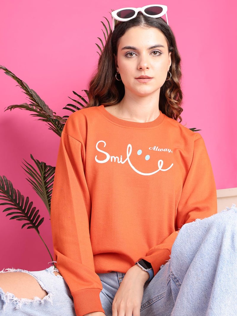 Mack Jonney Fleece Regular Fit Orange Printed Sweatshirt for Women-MACK639969, Round Neck, Small - Image 2
