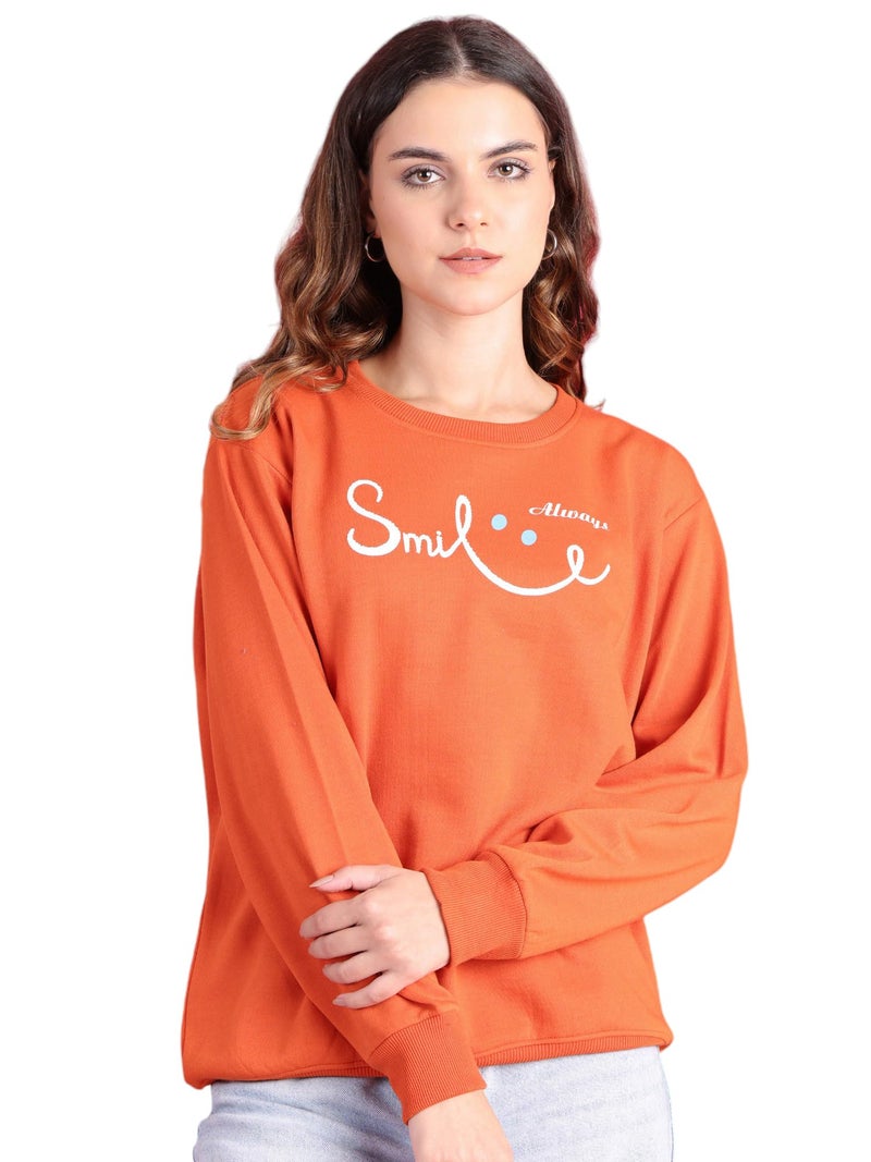 Mack Jonney Fleece Regular Fit Orange Printed Sweatshirt for Women-MACK639969, Round Neck, Small - Image 1