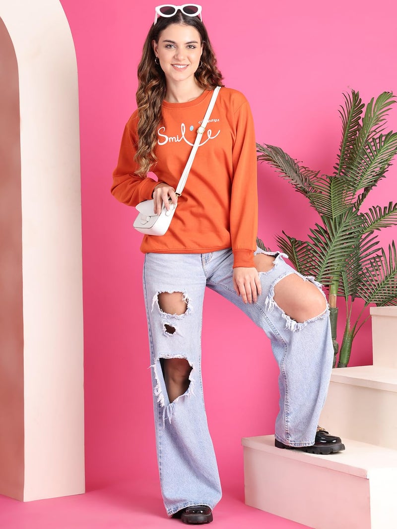 Mack Jonney Fleece Regular Fit Orange Printed Sweatshirt for Women-MACK639969, Round Neck, Small - Image 5