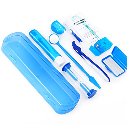 Annhua Braces Kit Cleaning 8 Pack for Orthodontic, Portable Tooth Cleaning Tools Family Oral Care Hygiene Set, Interdental Brush, Ortho Wax, Floss, Oral Mirror Included - Blue - Image 1