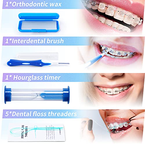 Annhua Braces Kit Cleaning 8 Pack for Orthodontic, Portable Tooth Cleaning Tools Family Oral Care Hygiene Set, Interdental Brush, Ortho Wax, Floss, Oral Mirror Included - Blue - Image 5