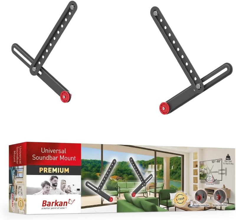 Barkan Light & heavy use compatible Universal Soundbar Mount, Adjustable Bracket for Mounting Above or Under The TV, Sizes 13-80 inch, Fits Most of Sound Bars Up to 14 lbs, Easy Assembly Black All item simple matching build - Image 1