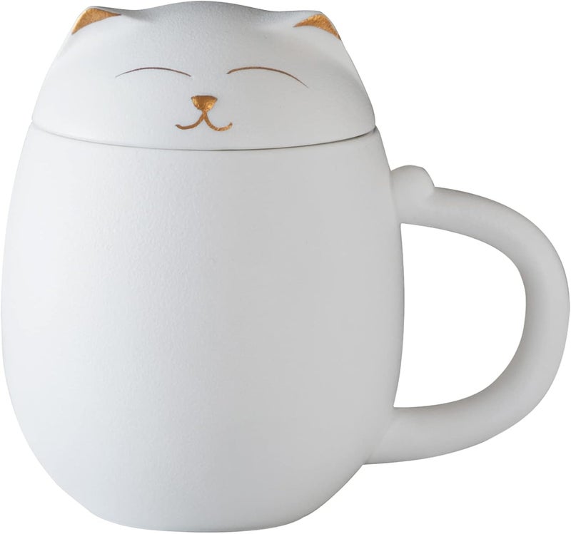 Heer Cat Tea Cup with Infuser and Lid, Cute Tea Mug with Strainer for Steeping Loose Leaf, Ceramic Teacup Birthday Christmas Cat Lover Gifts for Women, Men, Mom, Sisters, besties. (White) - Image 1