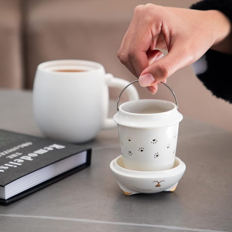 Heer Cat Tea Cup with Infuser and Lid, Cute Tea Mug with Strainer for Steeping Loose Leaf, Ceramic Teacup Birthday Christmas Cat Lover Gifts for Women, Men, Mom, Sisters, besties. (White) - Image 4