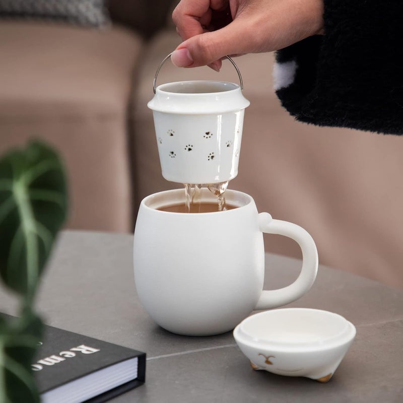 Heer Cat Tea Cup with Infuser and Lid, Cute Tea Mug with Strainer for Steeping Loose Leaf, Ceramic Teacup Birthday Christmas Cat Lover Gifts for Women, Men, Mom, Sisters, besties. (White) - Image 3