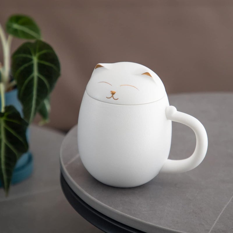Heer Cat Tea Cup with Infuser and Lid, Cute Tea Mug with Strainer for Steeping Loose Leaf, Ceramic Teacup Birthday Christmas Cat Lover Gifts for Women, Men, Mom, Sisters, besties. (White) - Image 2