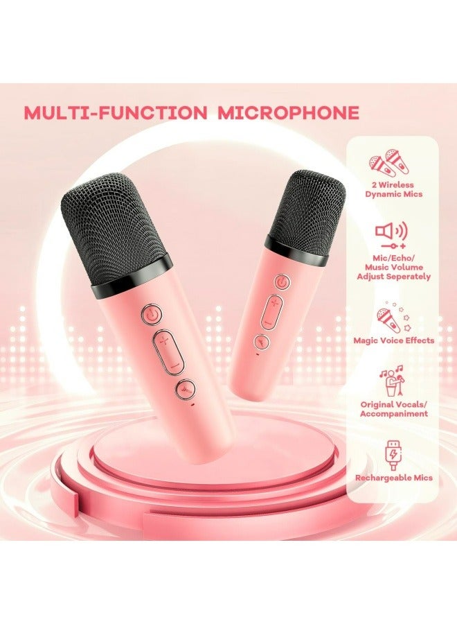 فليفيو جهاز كاريوكي صغير للأطفال، مكبر صوت بلوتوث محمول مع 2 ميكروفون لاسلكي للبالغين مع أضواء LED، هدايا كاريوكي للفتيات والأولاد لحفلات أعياد الميلاد المنزلية (وردي) - Image 2