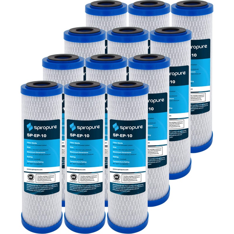 SpiroPure SPEP10 10x25 5 Micron NSF Certified Coconut Shell Carbon Block Water Filter Cartridge EP10 15553143 CB251005 Case of 12