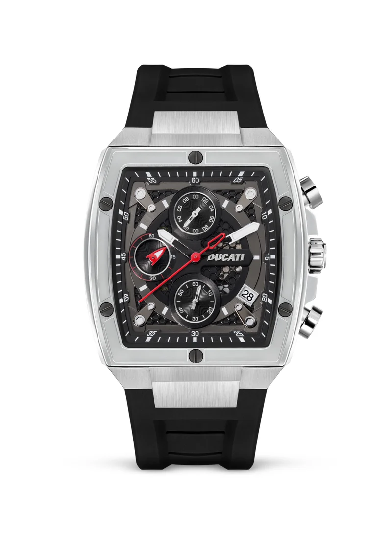 دوكاتي Ducati DT008 Chronograph Watch – Black Dial, Screw-Detail Case, Multi-Layered Design, 40mm Silicone Strap, Water Resistant 50M, Bold & Rugged Style