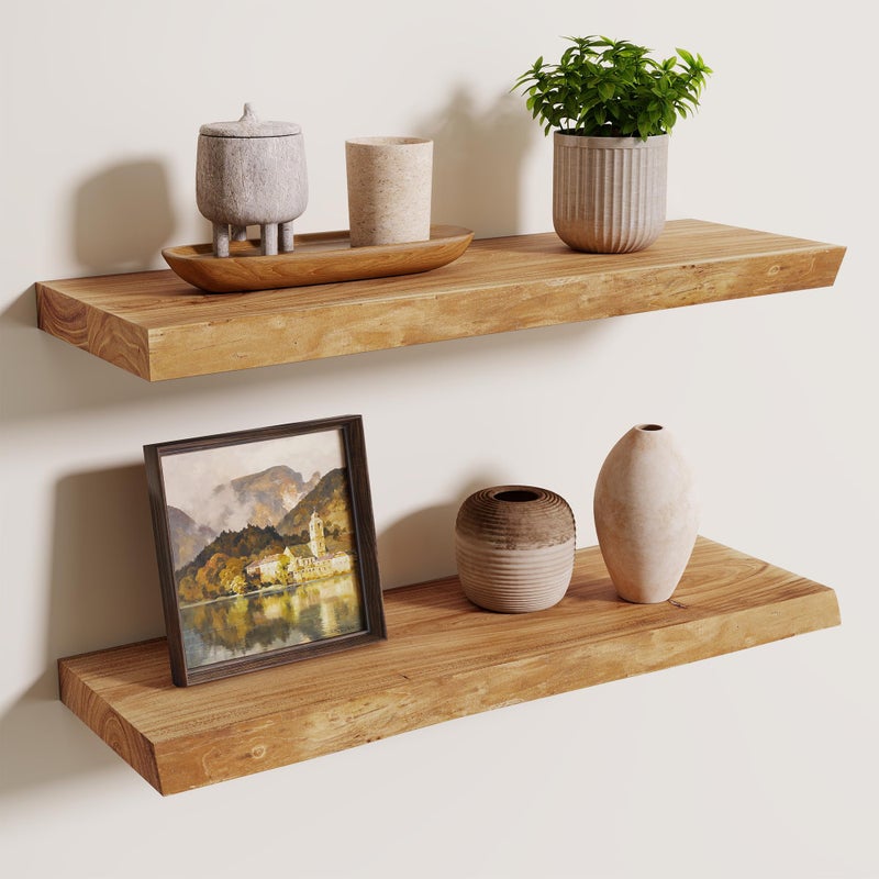 Axeman 24 inch Floating Shelves for Wall - 8'' D Live Edge Rustic Solid Elm Wood Floating Shelves Wall Mounted, Wall Shelves with Invisible Bracket for Living Room Bedroom Kitchen, Set of 2 Natural - Image 1