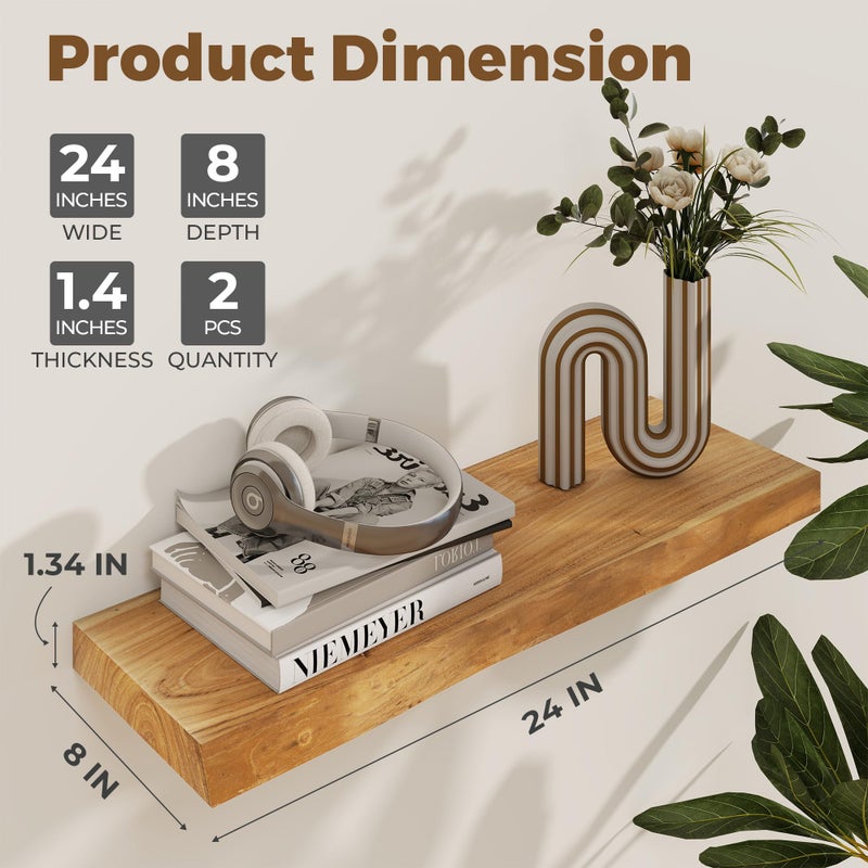 Axeman 24 inch Floating Shelves for Wall - 8'' D Live Edge Rustic Solid Elm Wood Floating Shelves Wall Mounted, Wall Shelves with Invisible Bracket for Living Room Bedroom Kitchen, Set of 2 Natural - Image 3