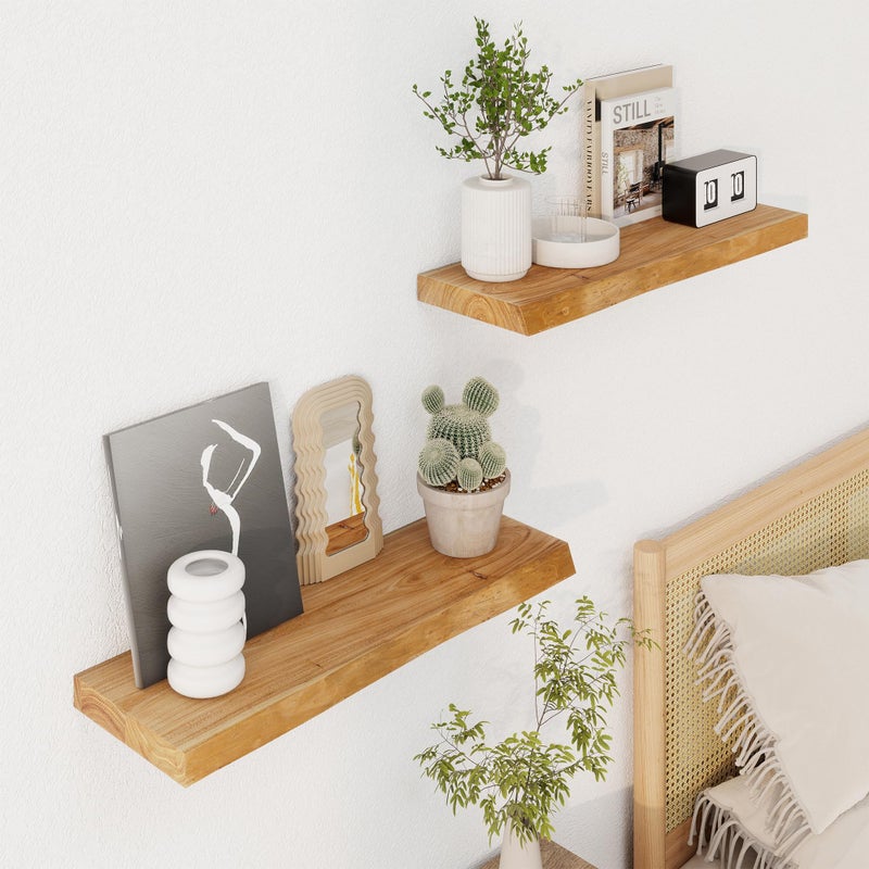 Axeman 24 inch Floating Shelves for Wall - 8'' D Live Edge Rustic Solid Elm Wood Floating Shelves Wall Mounted, Wall Shelves with Invisible Bracket for Living Room Bedroom Kitchen, Set of 2 Natural - Image 2