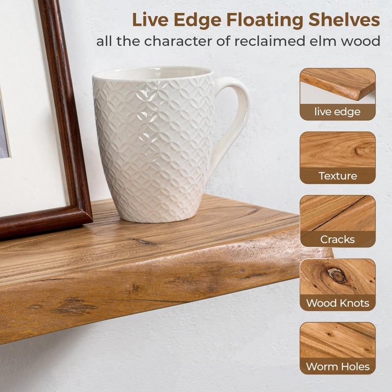 Axeman 24 inch Floating Shelves for Wall - 8'' D Live Edge Rustic Solid Elm Wood Floating Shelves Wall Mounted, Wall Shelves with Invisible Bracket for Living Room Bedroom Kitchen, Set of 2 Natural - Image 4