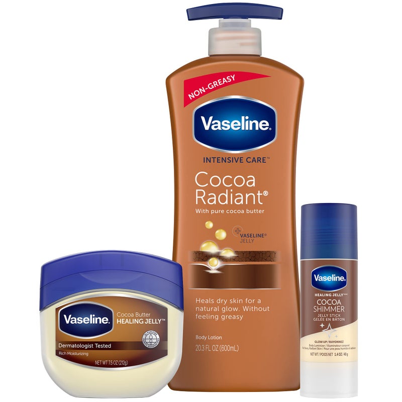 Vaseline Intensive Care Cocoa Radiant Lotion, 20.3 oz Bundled with Moisturizing Healing Jelly Butter, 7.5 and Shimmer Stick, 1.4 oz, Moisturized Skin Light Butter Scent - Image 1