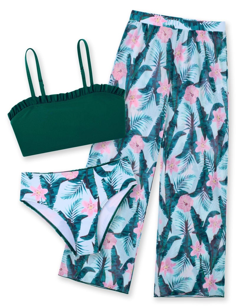 Vogseek بدلات سباحة للفتيات مقاس 12 14 للمراهقات صيفية 3 قطع بيكيني بدلات استحمام 13 14 سنة جونيور لطيفة خضراء هاواي تانكيني بدلات سباحة مع أغطية شبكية بنطال طويل ملابس سباحة سريعة الجفاف للعطلة - Image 1