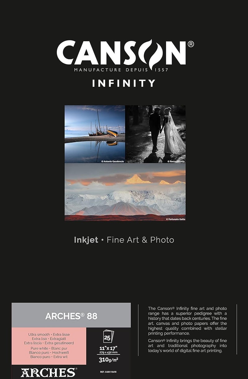 CANSON Canson Infinity Arches 88 Ultra Smooth Pure White Matte Inkjet Paper 310gsm 11 x 17 25 Sheets  - Image 1