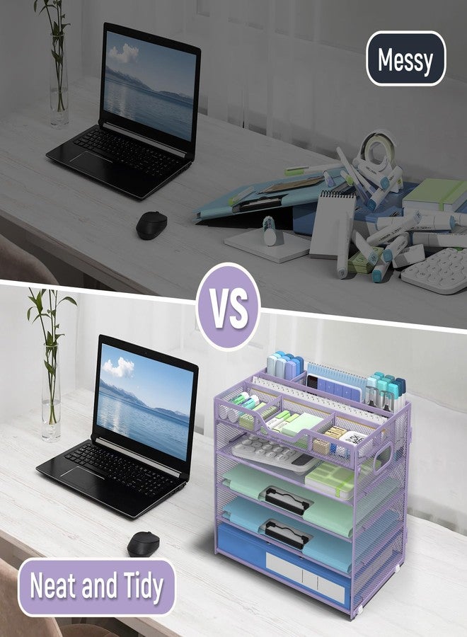 Docnest 5 Tier Mesh Desk Organizer- Letter Tray with Adjustable Compartments, Mesh Desktop Storage Built in Pen Holder and Handles, Desk Organizer Tray for Mail Documents Office Supplies–Purple - Image 2
