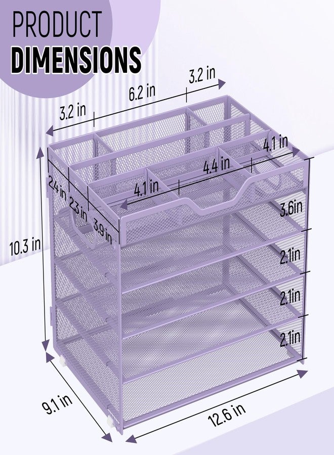 Docnest 5 Tier Mesh Desk Organizer- Letter Tray with Adjustable Compartments, Mesh Desktop Storage Built in Pen Holder and Handles, Desk Organizer Tray for Mail Documents Office Supplies–Purple - Image 3