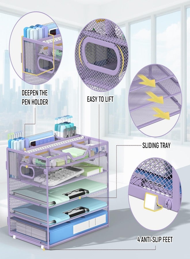 Docnest 5 Tier Mesh Desk Organizer- Letter Tray with Adjustable Compartments, Mesh Desktop Storage Built in Pen Holder and Handles, Desk Organizer Tray for Mail Documents Office Supplies–Purple - Image 5