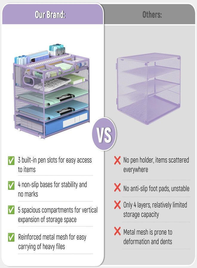 Docnest 5 Tier Mesh Desk Organizer- Letter Tray with Adjustable Compartments, Mesh Desktop Storage Built in Pen Holder and Handles, Desk Organizer Tray for Mail Documents Office Supplies–Purple - Image 4