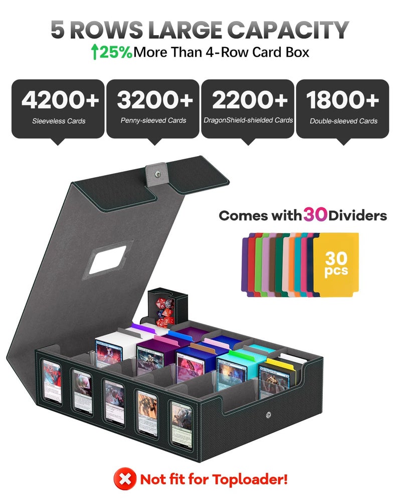 Gomyrod Trading Card Storage Box Gomyrod, 5-Row Card Case with Commander Display & Portable Handle, 4200+ MTG Deck Box Compatible for MTG/TCG/Magic Cards, 30 Colorful Divider, 8 Card Supporters (Black & Grey) - Image 2