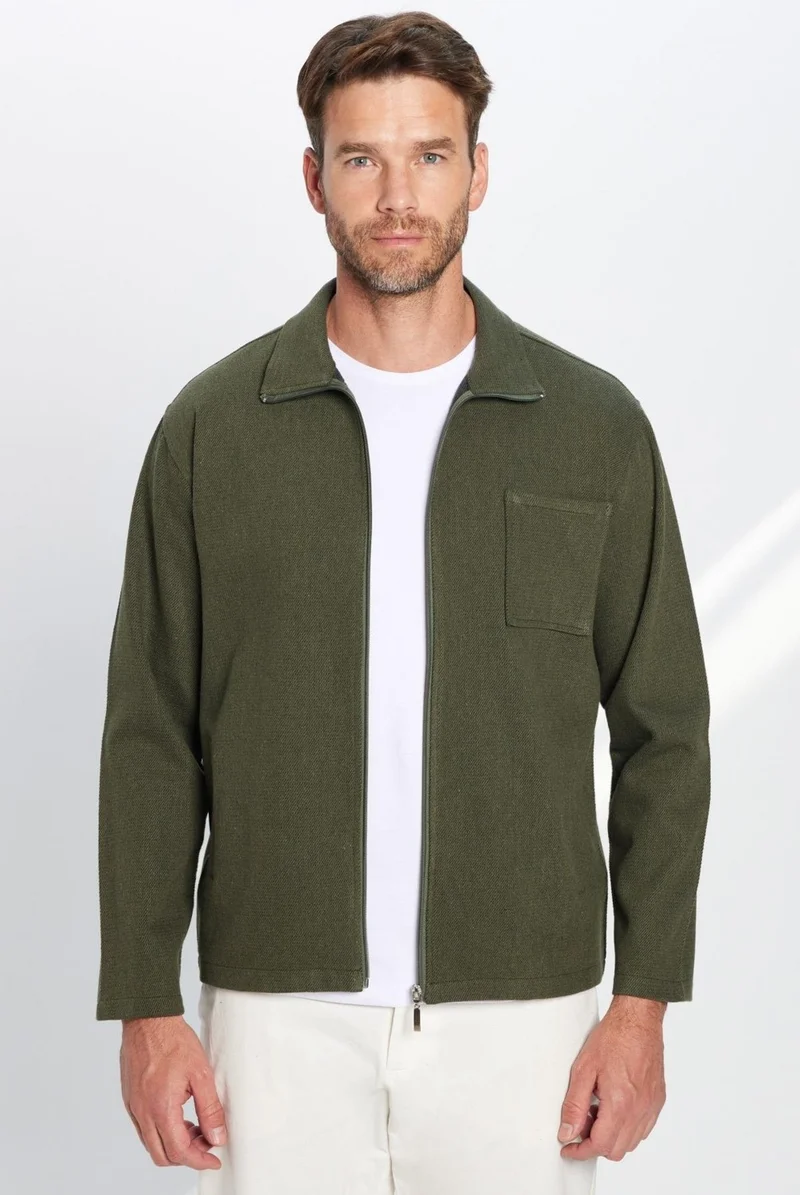 Tudors Men's Relax Fit Casual Cut Zippered Pocket Winter Khaki Stand Collar Jacket Shirt
