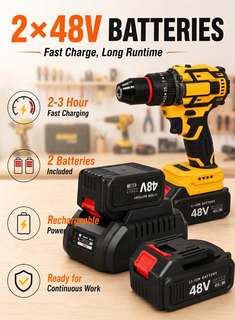 ALongDeng 48V Cordless Drill and Cordless Angle Grinder With 2 Batteries and Charger Brushless Electric Drill 2 Spee 25+3 Torque Setting Compact Drill Driver Kit for Home DIY Project - Image 5