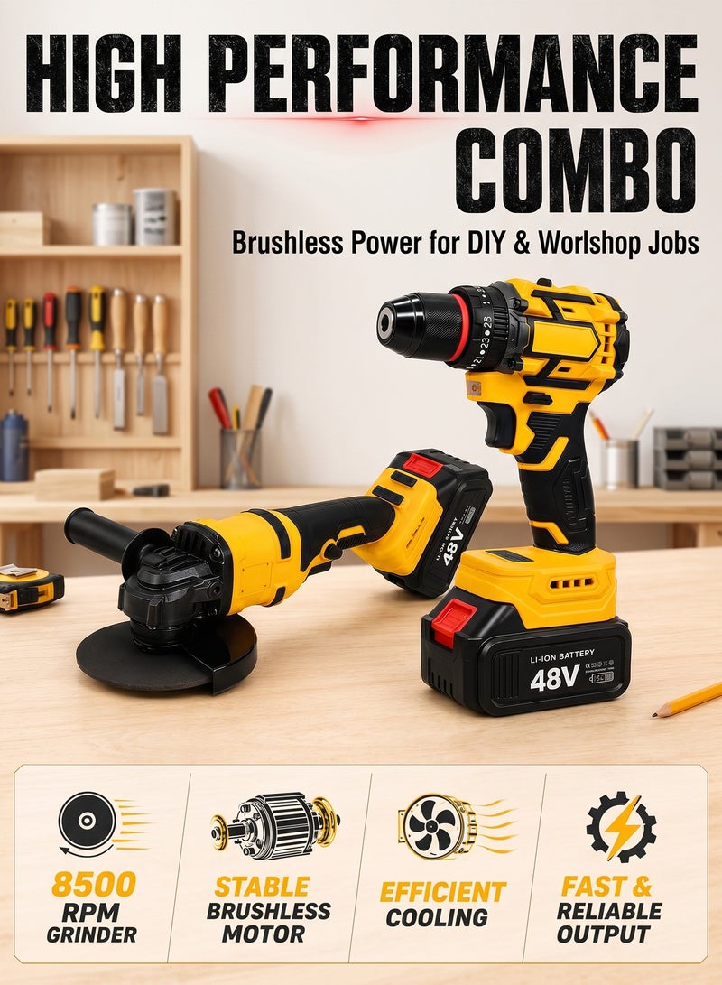 ALongDeng 48V Cordless Drill and Cordless Angle Grinder With 2 Batteries and Charger Brushless Electric Drill 2 Spee 25+3 Torque Setting Compact Drill Driver Kit for Home DIY Project - Image 3