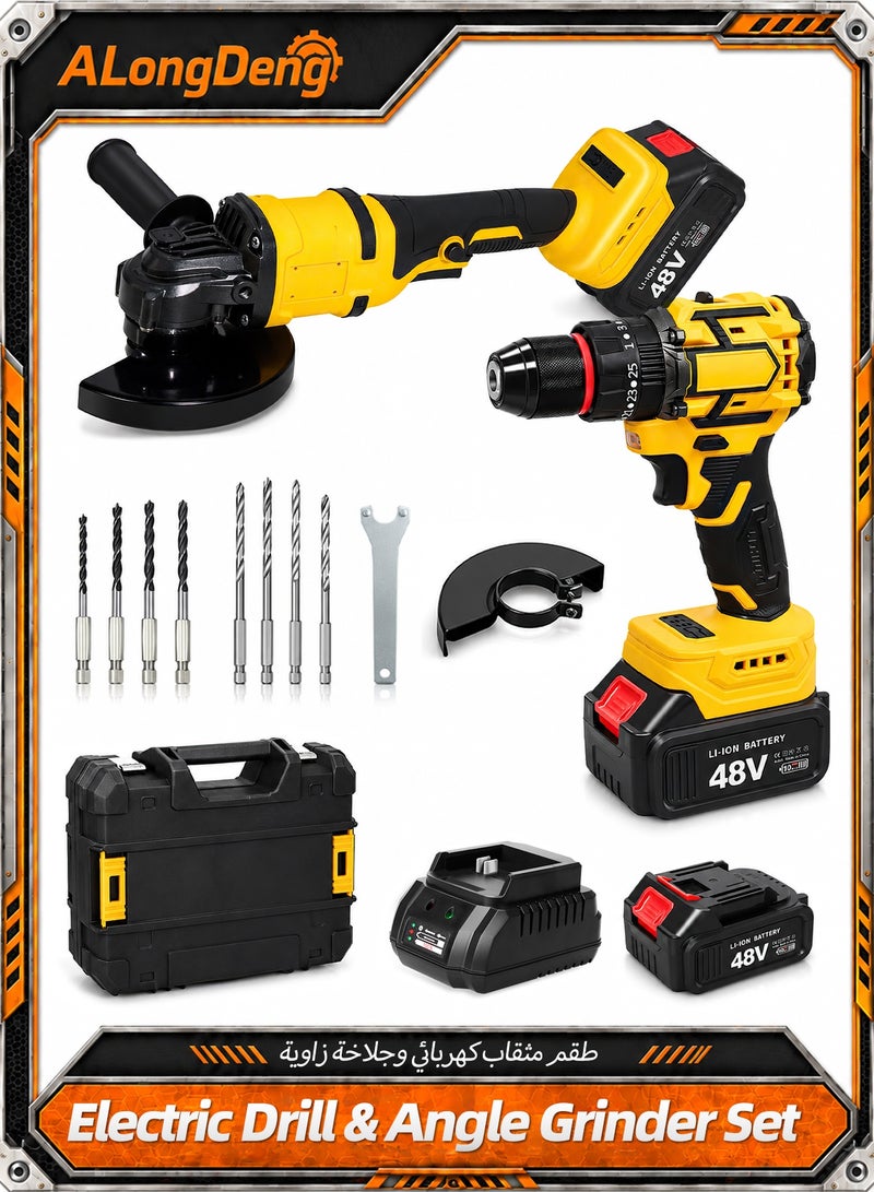 ALongDeng 48V Cordless Drill and Cordless Angle Grinder With 2 Batteries and Charger Brushless Electric Drill 2 Spee 25+3 Torque Setting Compact Drill Driver Kit for Home DIY Project - Image 1