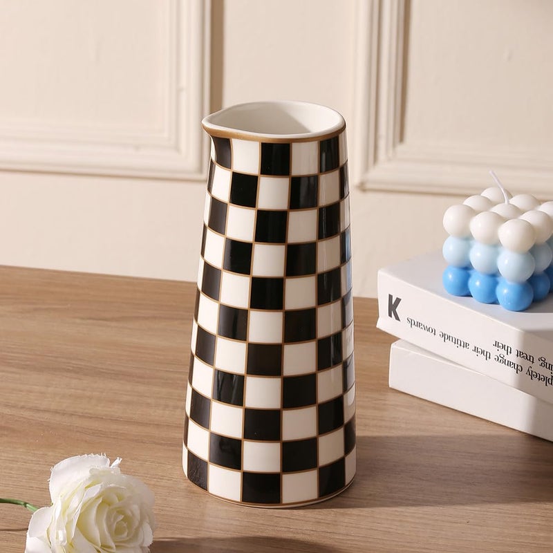 Porlien Checker Porcelain Flower Vase Home Decor Set of 2 with 5.5' High and 8' High Small Indoor Flower Bottles - Image 5