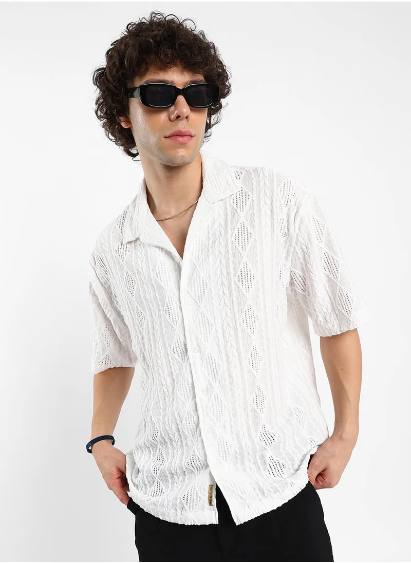 كامبوس سوترا Men's Daisy White Argyle-Textured Oversized Shirt