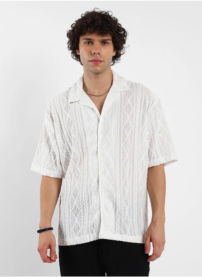 كامبوس سوترا Men's Daisy White Argyle-Textured Oversized Shirt