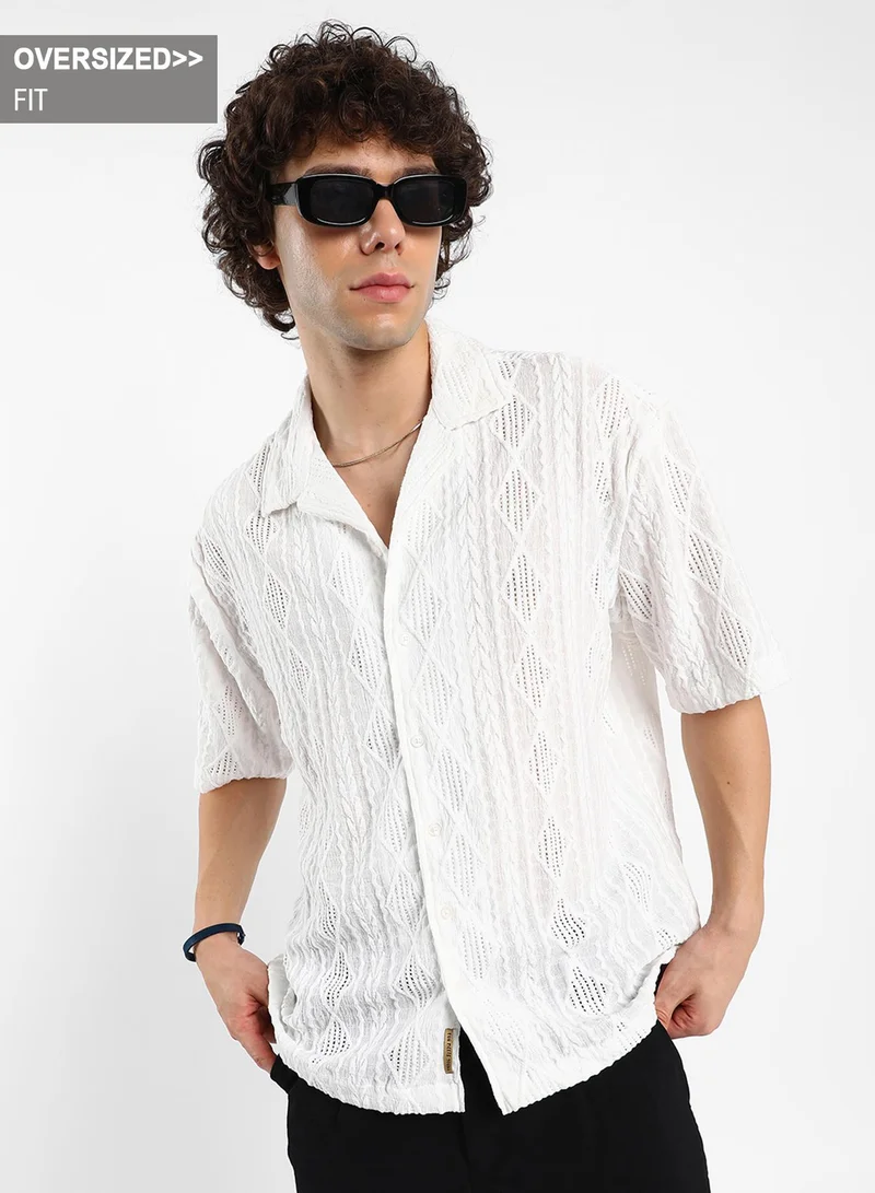 Campus Sutra Men's Daisy White Argyle-Textured Oversized Shirt