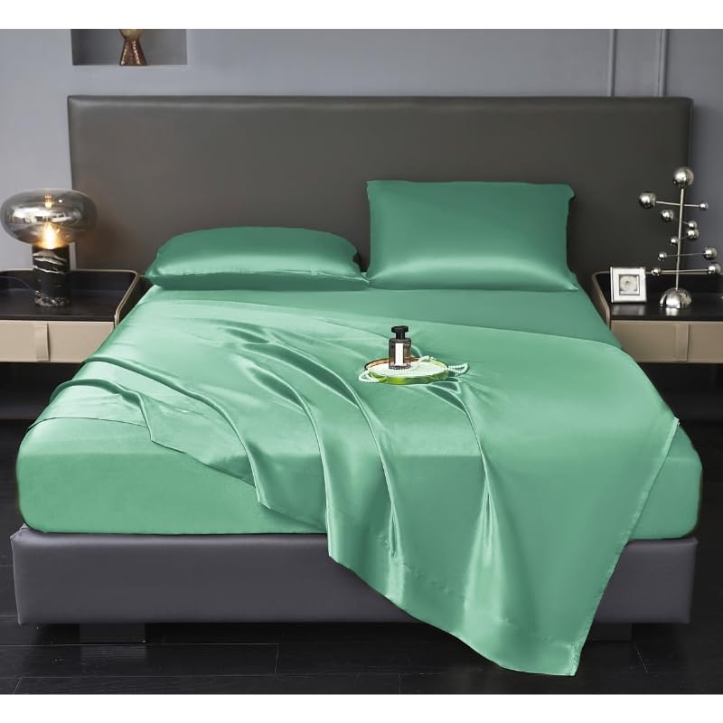 Revdomfly 4 Pcs Full Size Luxury Silky Soft Grass Green Satin Sheet Set1 Premium Moisture Wicking Fitted Sheet Fits Up to 16 Inches Deep Pocket  1 Flat Sheet  2 PillowcasesGrass Geen Full